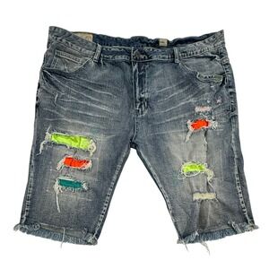 SMOKE RISE Denim Shorts Men Size 46 Distressed Neon Patch Frayed Hem 100